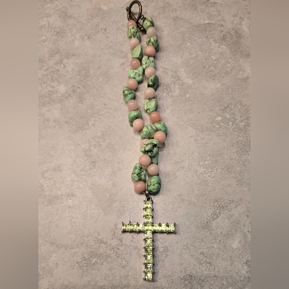 Light Green and Pink Beaded Cross Necklace